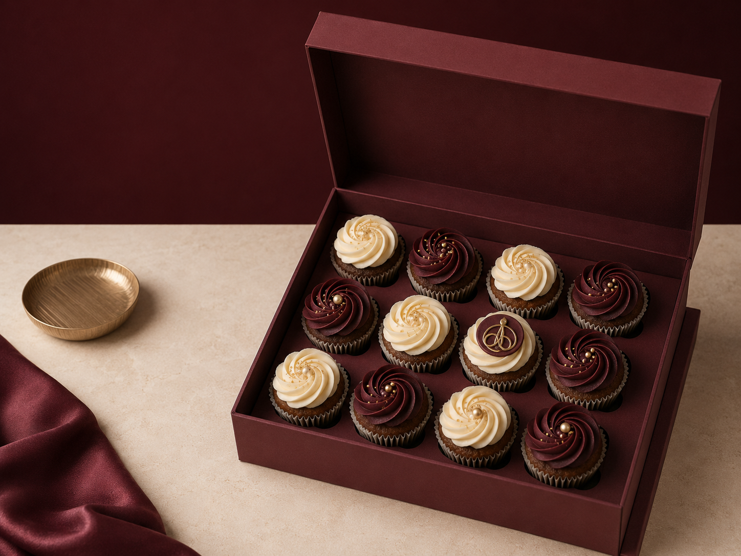Premium burgundy and ivory cupcake collection in a luxury gift box